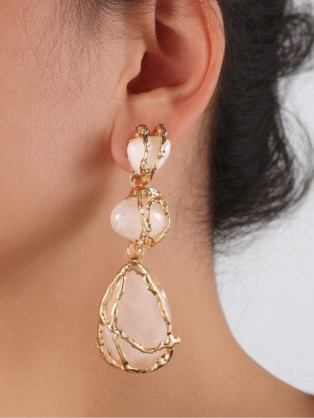 Gold and White Teardrop Stone Dangle Earrings